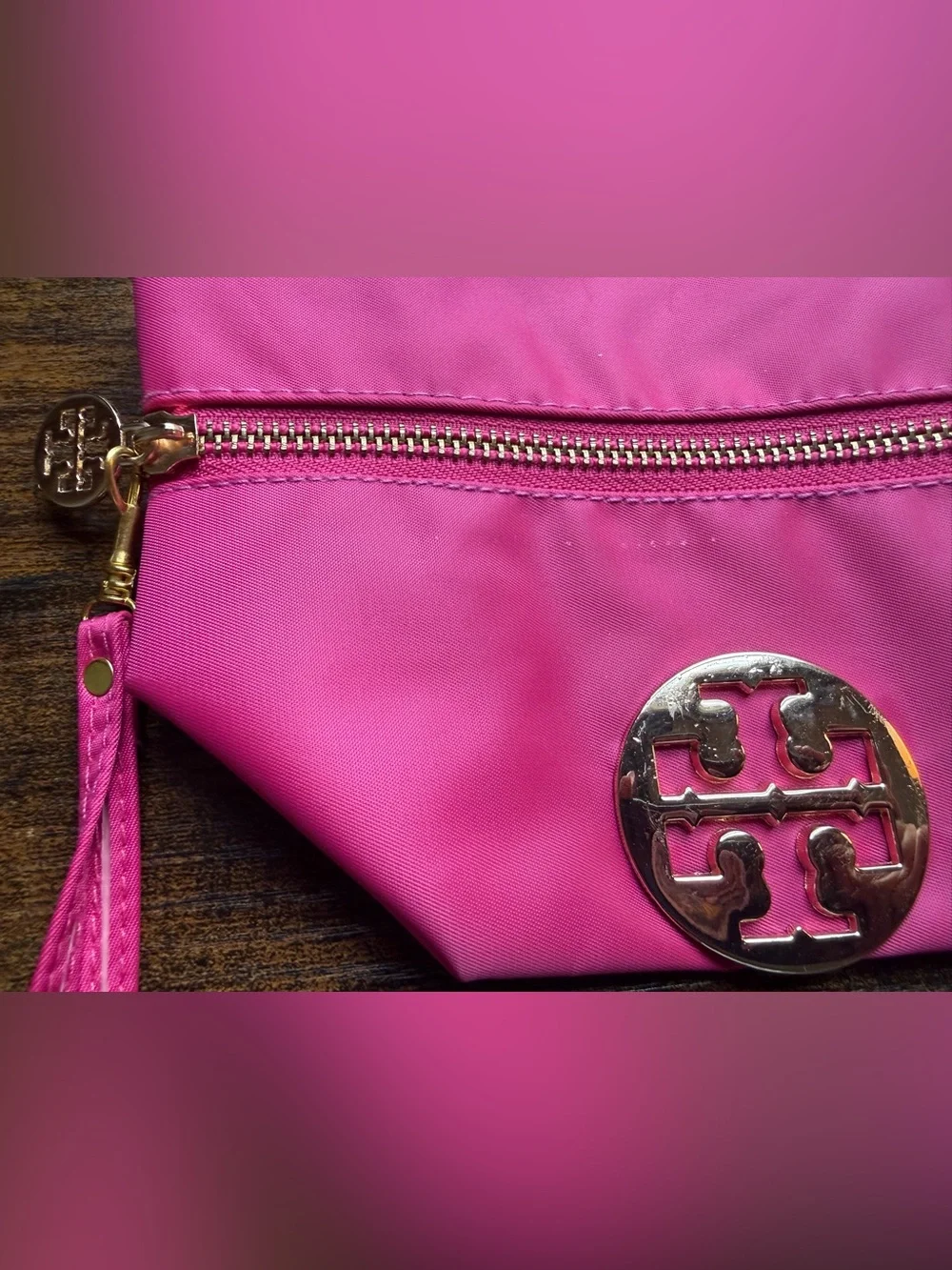 Tory Burch Hot Pink Nylon Wristlet Cosmetic Pouch with Gold Logo